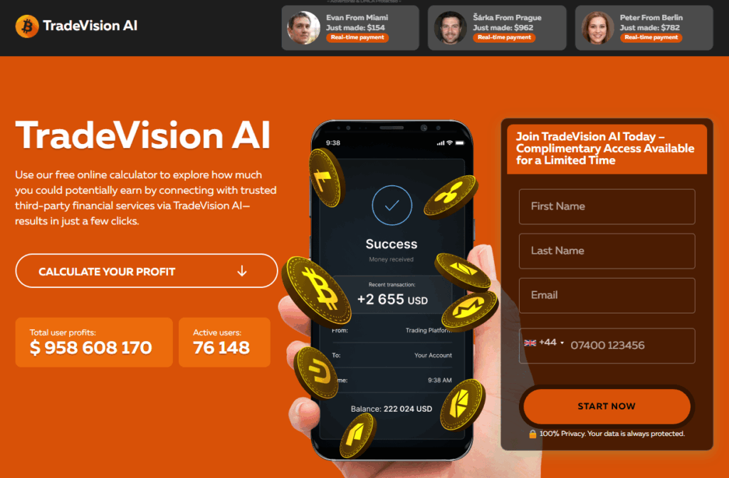TradeVision AI website homepage screenshot